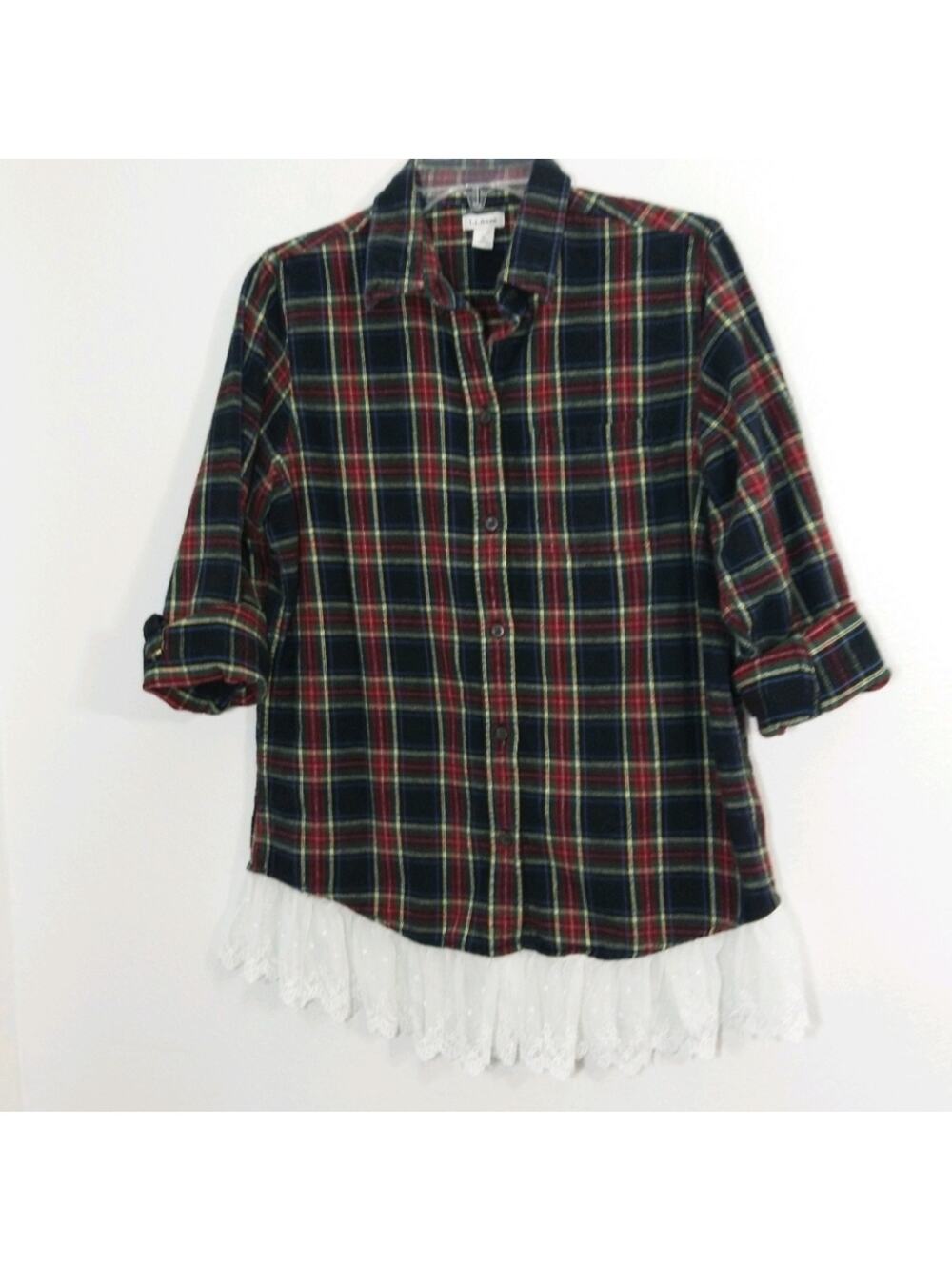 LL Bean Frilly Flannel plaid & lace cotton shirt S